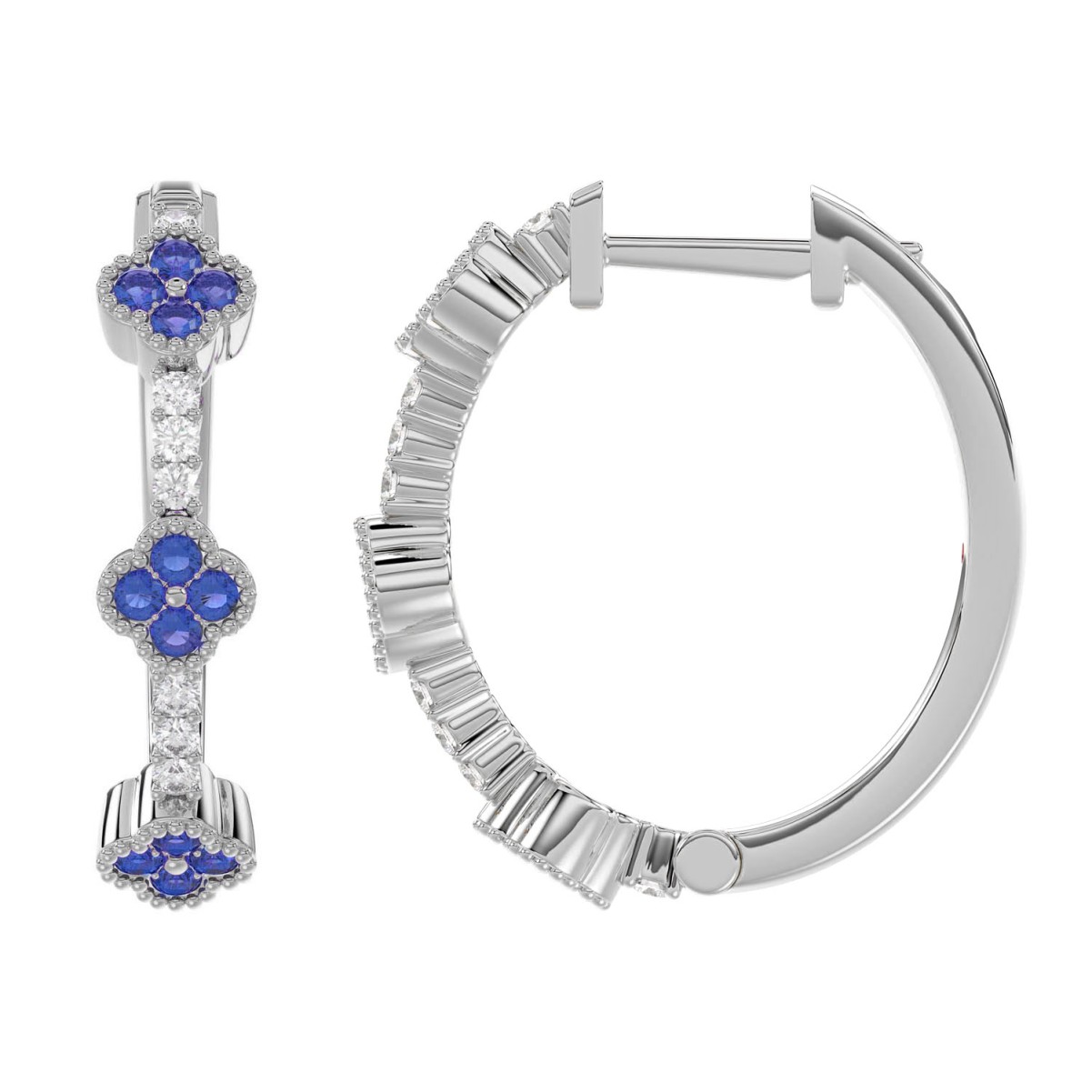 14K WHITE GOLD 1/2CT ROUND DIAMOND LADIES HOOP EARRINGS (BLUE SAPPHIRE ROUND DIAMOND 1/3CT)