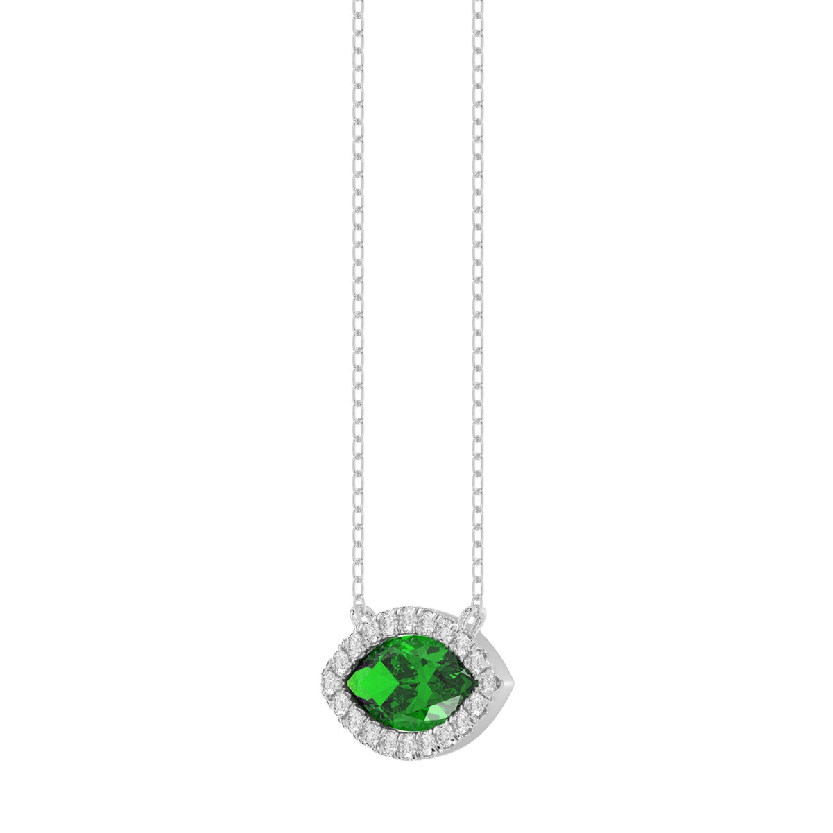 14K WHITE GOLD 3/4CT ROUND/EMERALD GREEN MARQUISE DIAMOND LADIES NECKLACE 
